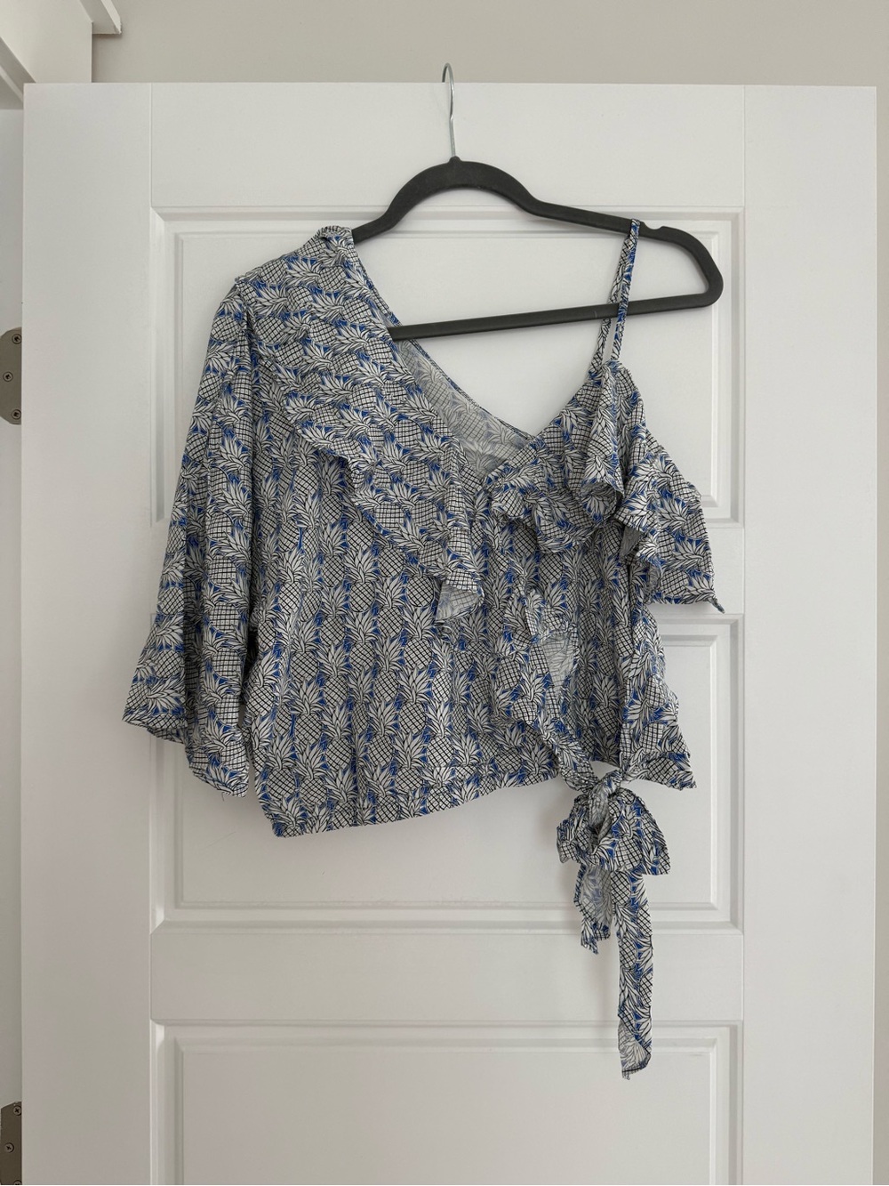 Anthropologie Blue and White Leaf-Print Wrap Blouse
